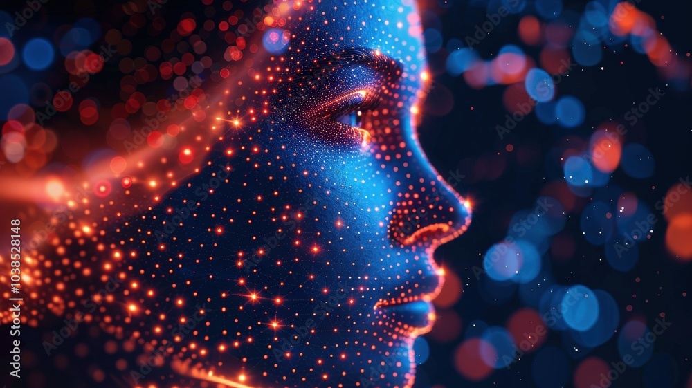 Futuristic Digital Art Depiction of a Woman's Profile with Illuminous Dots and Bokeh Lights in a Vibrant Abstract Setting digital art Futuristic Digital Art Depiction of a Woman's Profile with Illuminous Dots and Bokeh Lights in a Vibrant Abstract Setting digital art