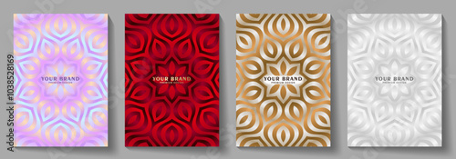 Elegant cover design set with gold, red, pink, silver modern luxury vector art background. Premium fashionable pattern template for cover design, invitation, flyer, wedding card, note book, menu.