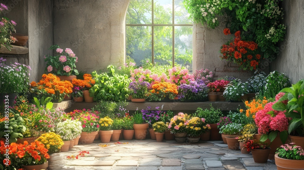 Fototapeta premium Sunlit Greenhouse with Vibrant Flowers