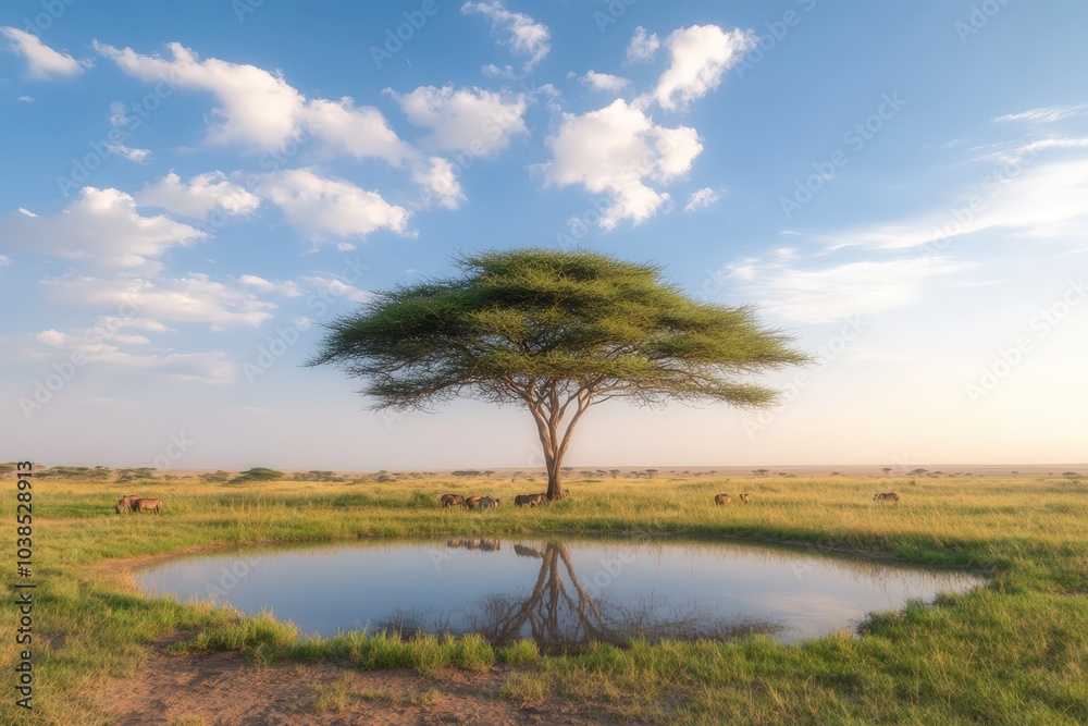 Serene African landscape with acacia tree and grazing zebras Serene African landscape with acacia tree and grazing zebras