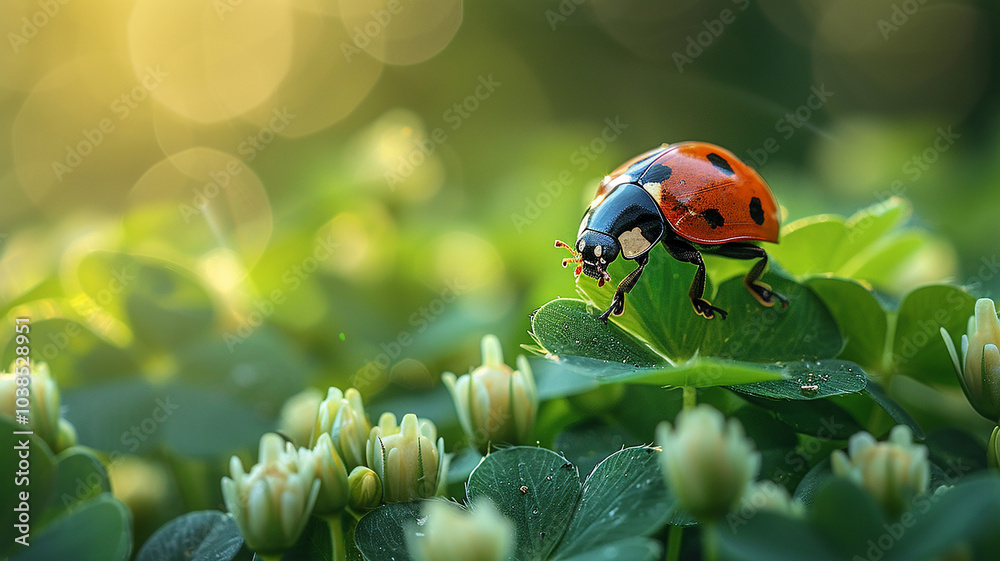A high-quality macro photo of a ladybug sitting on a clover leaf, surrounded by a green meadow. The scene captures the vibrant greens and the detailed features of the ladybug.