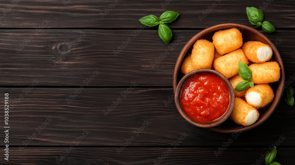 Crispy mozzarella sticks with marinara sauce on wooden table Crispy mozzarella sticks with marinara sauce on wooden table
