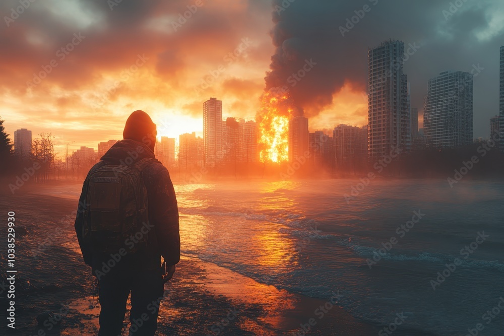 Fototapeta premium A silhouetted figure gazes at a burning skyscraper at sunset near a tranquil riverside
