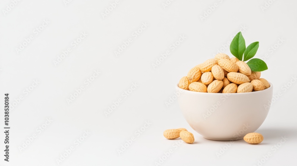 Bowl of raw peanuts with fresh green leaves