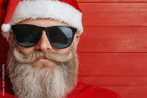 Close-up of a modern Santa dressed in style, wearing sunglasses against a red backdrop, combining trendy fashion with classic holiday elements for a striking look.