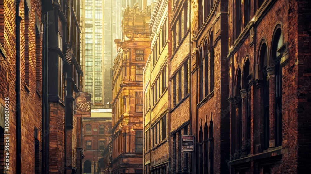 Fototapeta premium Sunlight Shining on Classic Buildings in a Nostalgic City Street – Warm and Atmospheric Urban Scene with Vintage Architecture