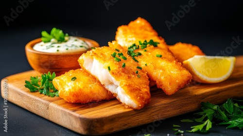 Crispy fried fish fillets with tartar sauce and lemon wedge photo