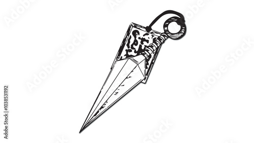 Kunai icon with stamp on white background, traditional Japanese throwing dagger, Japanese ninja small blade, sharp anime kunai with spell, hand drawn ink ninja weapons