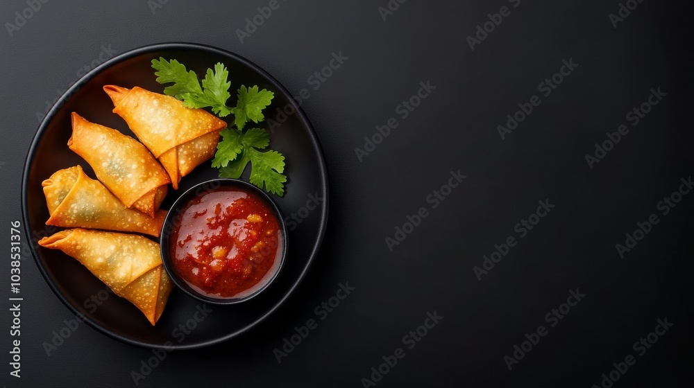 Crispy samosas served with spicy dipping sauce Crispy samosas served with spicy dipping sauce