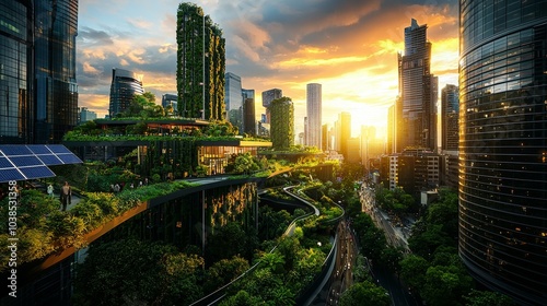 Futuristic Green City with Lush Vegetation and Sustainable Architecture at Sunset – Concept of Eco-Friendly Urban Development and Smart Cities