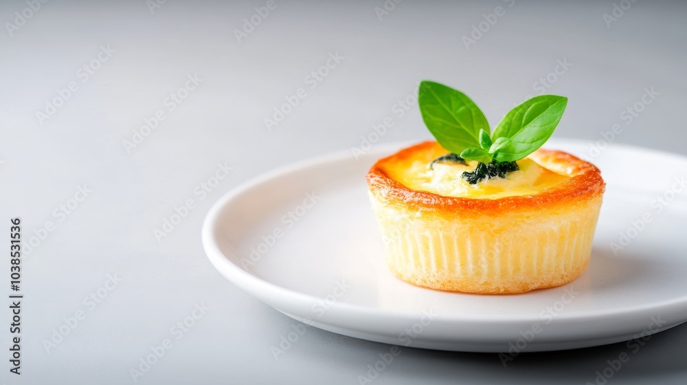 Gourmet baked custard dessert with fresh basil garnish Gourmet baked custard dessert with fresh basil garnish