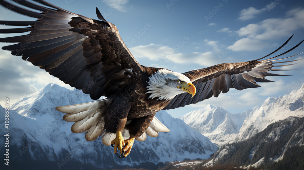 A stunning aerial perspective of snow-capped mountains, with eagles soaring overhead, captured in hyper-realistic 3D rendering, highlighting the pristine wilderness A stunning aerial perspective of snow-capped mountains, with eagles soaring overhead, captured in hyper-realistic 3D rendering, highlighting the pristine wilderness