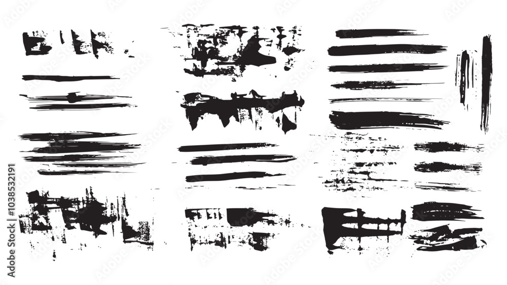 Collection of fuzzy bold horizontal lines for grunge style design, set of black ink strokes, grunge vector wallpapers, set of drawn isolated brush strokes, dashes, thin and thick lines Collection of fuzzy bold horizontal lines for grunge style design, set of black ink strokes, grunge vector wallpapers, set of drawn isolated brush strokes, dashes, thin and thick lines