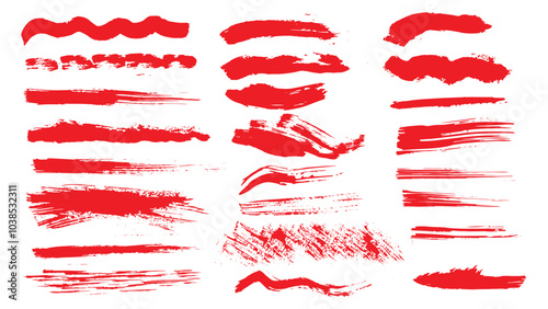 Collection of red brush strokes of different shapes and sizes, wavy and straight lines made with ink, grunge paint roller, vector brush stroke, red stripes isolate, set of drawn red brush strokes
