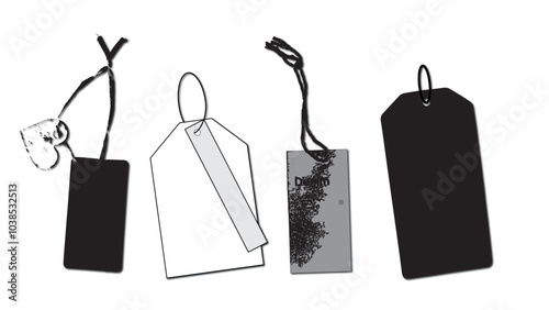 Clothing tags of different designs on white background, tag set of vector icons, sticker for shop vector, label on clothes, empty tags badge, labels and ribbons for design