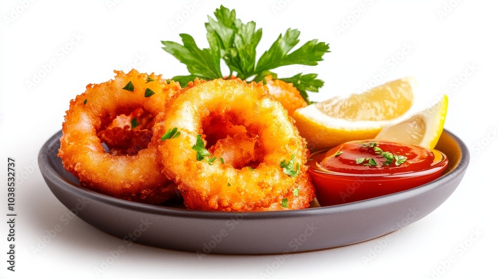 Crispy onion rings served with ketchup and lemon wedges Crispy onion rings served with ketchup and lemon wedges