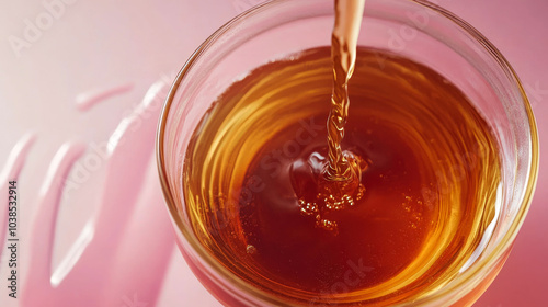 Closeup of amber liquid pouring into a glass.