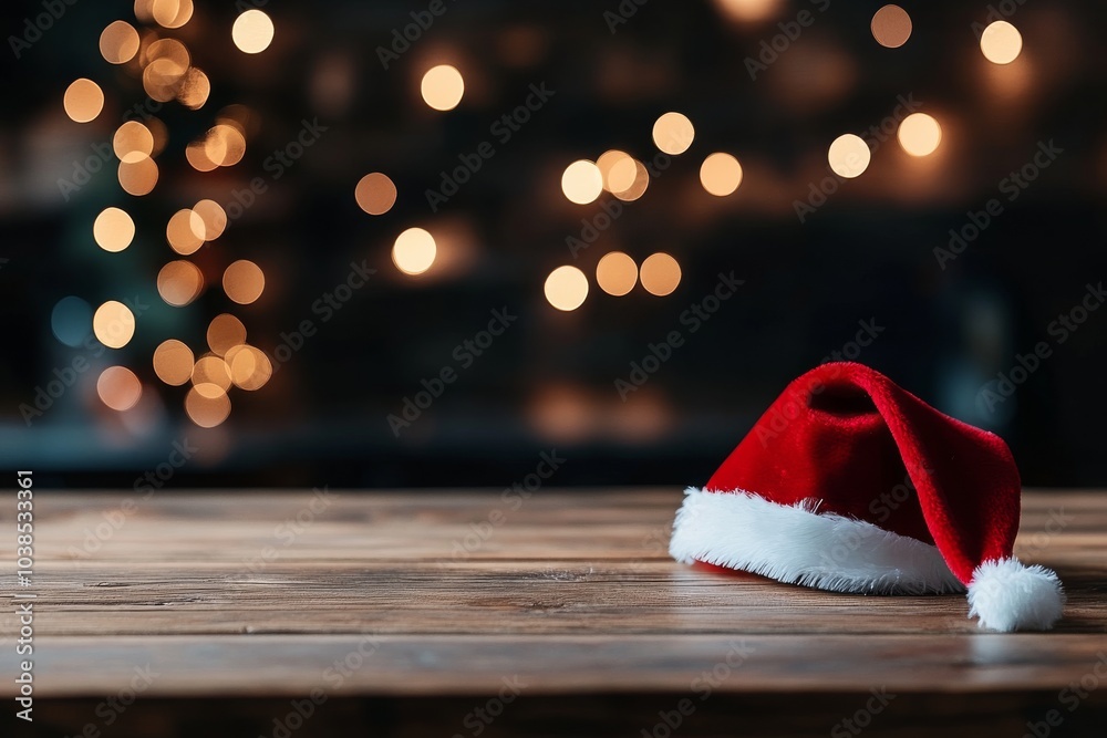 A solitary Santa hat rests on a wooden table, surrounded by a soft blur of golden lights in the background, capturing the essence of a quiet holiday moment.