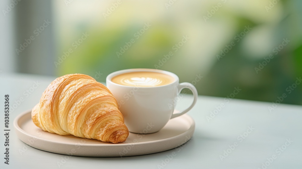 Fresh croissant and latte on a serene café table Fresh croissant and latte on a serene café table
