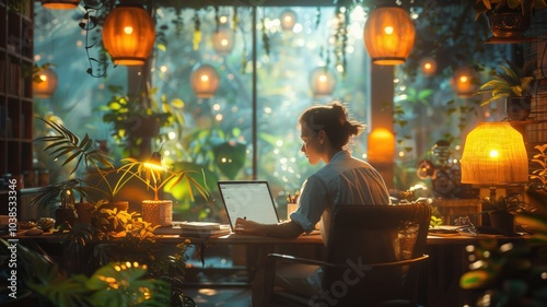 Serene Home Office Scene with Young Woman Working on Laptop Surrounded by Lush Greenery and Warm Ambient Lighting in Cozy Setting