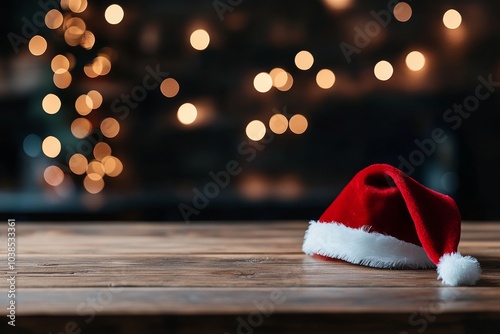 Obraz na płótnie A solitary Santa hat rests on a wooden table, surrounded by a soft blur of golden lights in the background, capturing the essence of a quiet holiday moment. w salonie