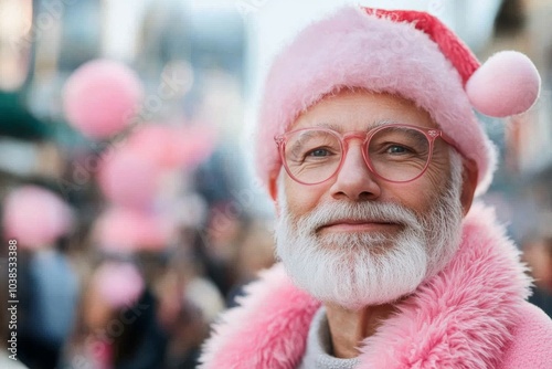 An elderly man wearing pink glasses, a Santa hat, and a fluffy coat smiles amidst a festive background, embodying joy, warmth and a touch of holiday spirit.