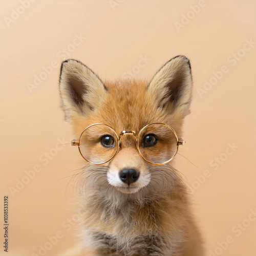 portrait of a baby fox cub with gold rim glasses