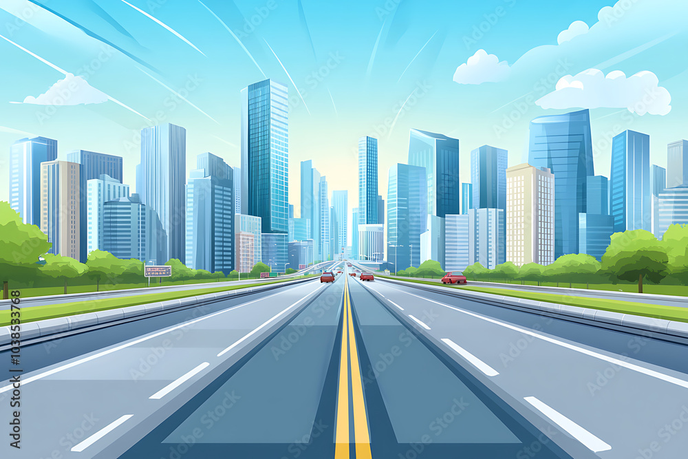 Fototapeta premium A vibrant city skyline with a highway leading towards tall buildings and a clear blue sky.