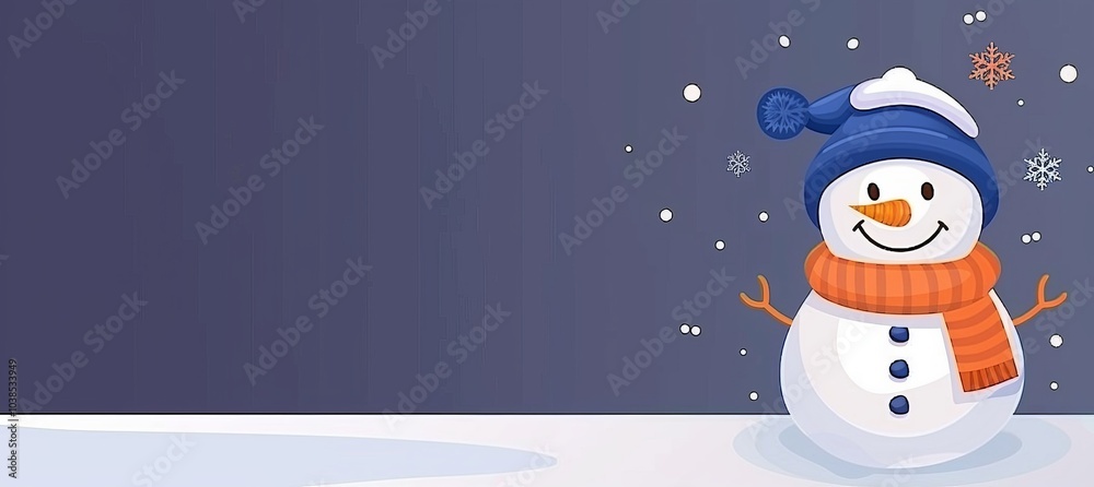 Naklejka premium Festive winter greeting card illustration featuring a joyful snowman in a blue cap and scarf
