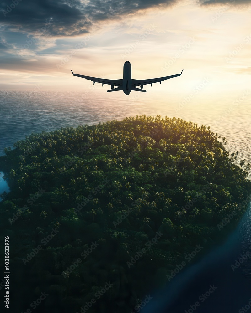 Naklejka premium Airplane flying over a lush tropical island during beautiful sunset