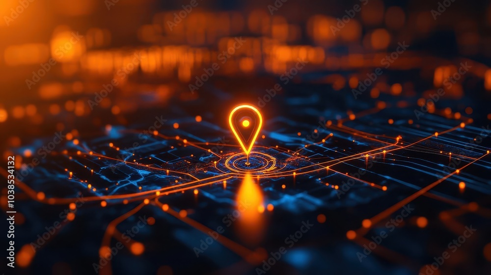 Digital GPS map with a glowing pin and a detailed route path on a smartphone screen Bright lighting, midangle shot, clean and futuristic design