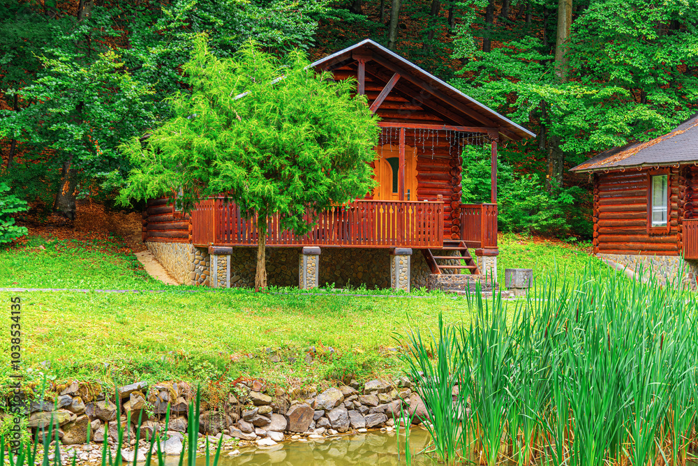 Wooden house in green forest in summer day.