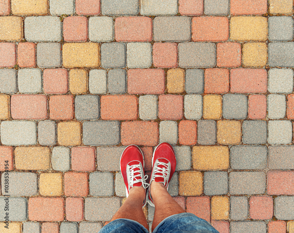 Male legs in sports shoes against the background of cobblestones. Top view.