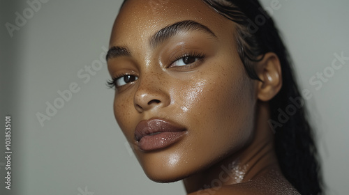 Close-up portrait of a woman with glowing skin, minimal makeup, and wet hair. Her intense gaze captures a moment of beauty and confidence in natural light.