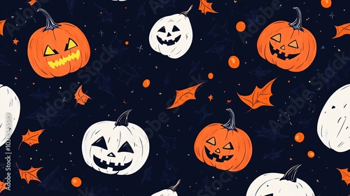 Halloween Pumpkin Pattern Spooky Jack o Lanterns and Autumn Leaves Seamless Design