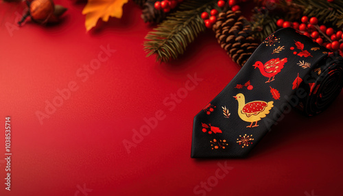 A festive tie adorned with colorful Thanksgiving motifs, surrounded by autumn foliage and accents against a rich red backdrop. photo