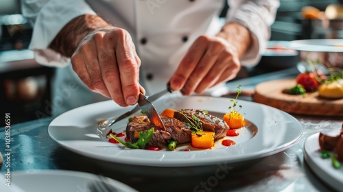 A chef plating a gourmet dish with precision and artistry