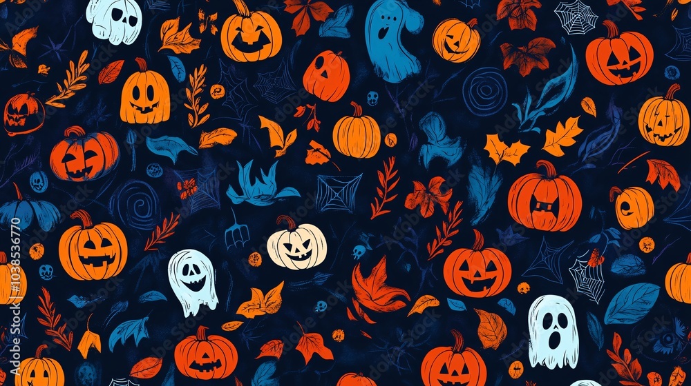 Halloween Pumpkins Ghosts Fall Leaves Seamless Pattern Background Halloween Pumpkins Ghosts Fall Leaves Seamless Pattern Background