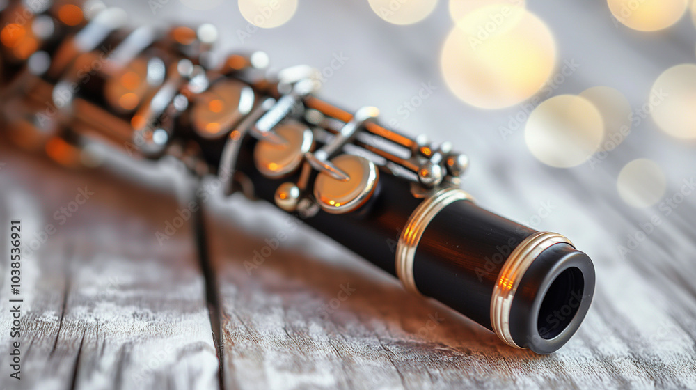 Naklejka premium Detailed close-up of a black clarinet, showcasing its keys and body, isolated on a white background.