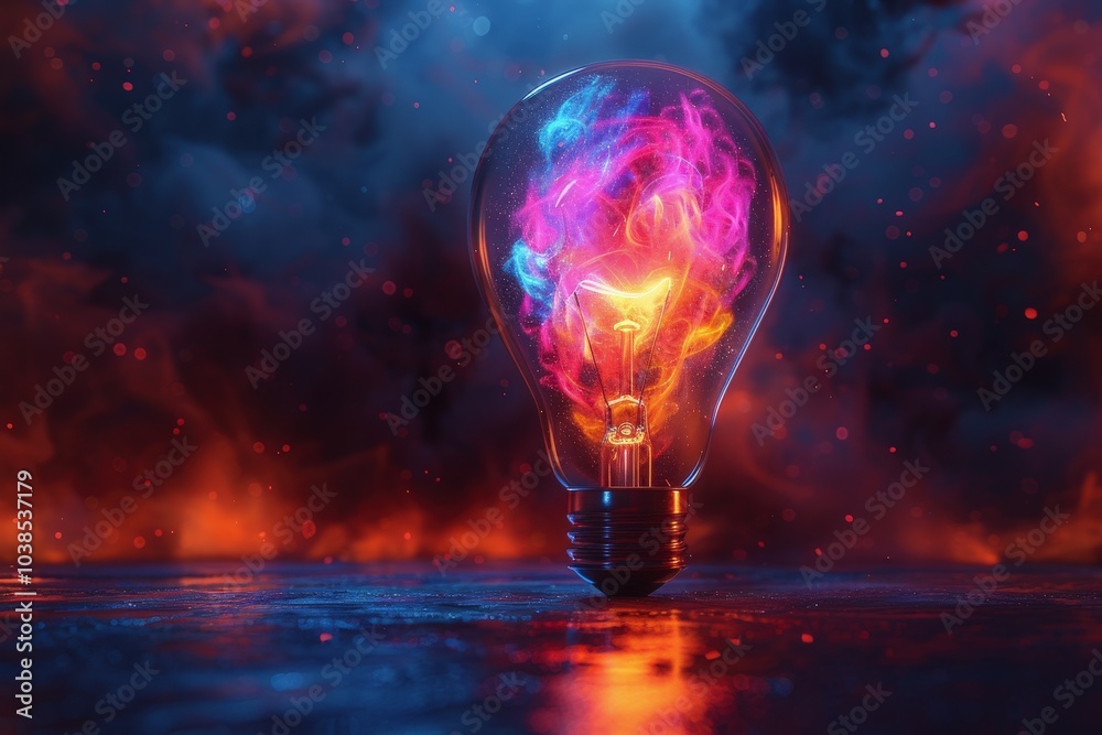 Stunning conceptual image of a light bulb with vibrant neon flames in dynamic blue and fiery red colors against a dramatic backdroplight bulb Stunning conceptual image of a light bulb with vibrant neon flames in dynamic blue and fiery red colors against a dramatic backdroplight bulb