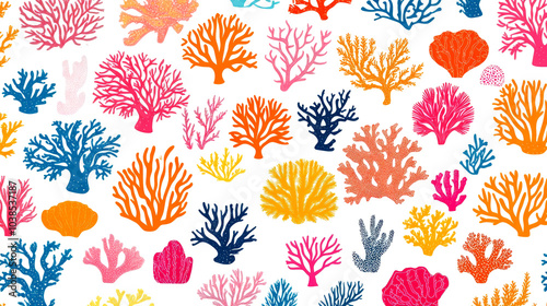 Fototapeta Naklejka Na Ścianę i Meble -  Colorful coral reef pattern with various shapes and sizes on white background.
