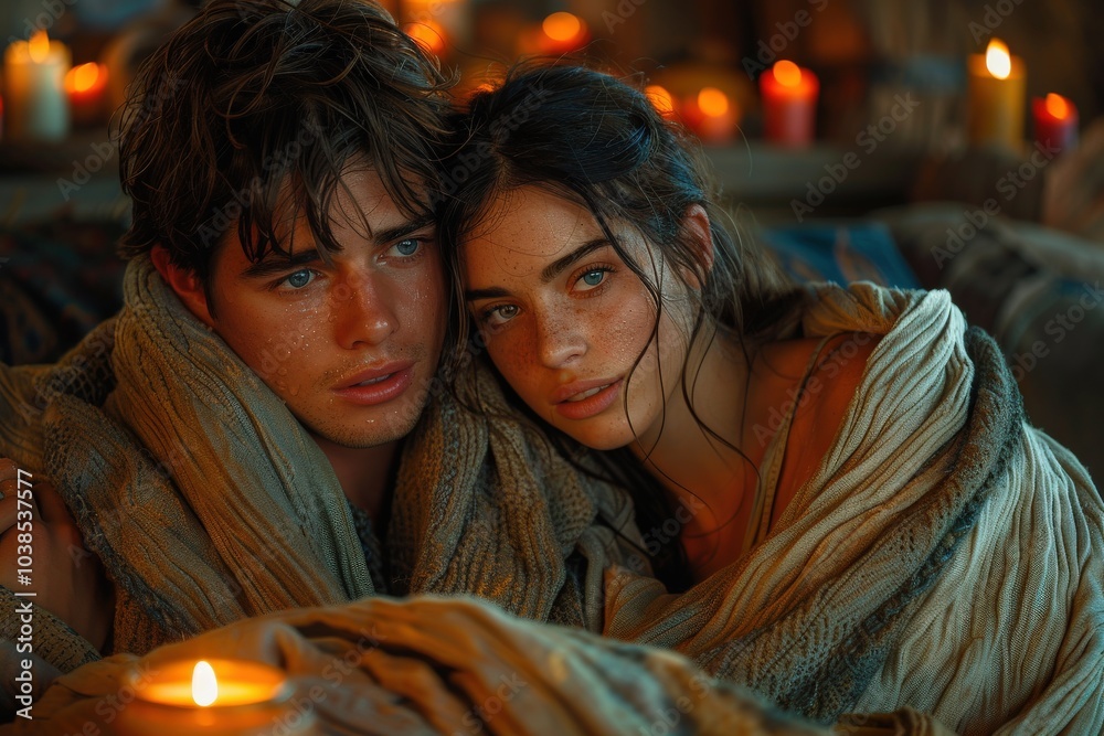 Cozy Romantic Couple Wrapped in Warm Blankets Surrounded by Flickering Candlelight in a Rustic Setting Creating a Serene Ambiance