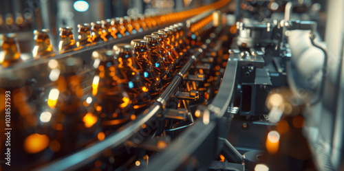 Production of brewing and bottling craft beer at a beer production plant. Conveyor with beer bottles.	