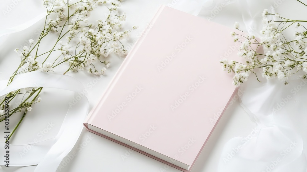 A pink book surrounded by white flowers and ribbons. A pink book surrounded by white flowers and ribbons.