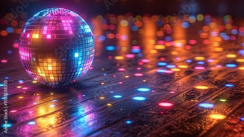 Vibrant Multi-colored Disco Ball Illuminating a Dance Floor with Reflections Creating a Festive and Energetic Atmosphere at Night