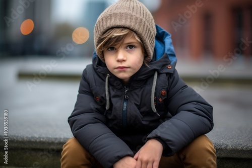 Portrait of a sad little boy in a hat and jacket sitting on the street