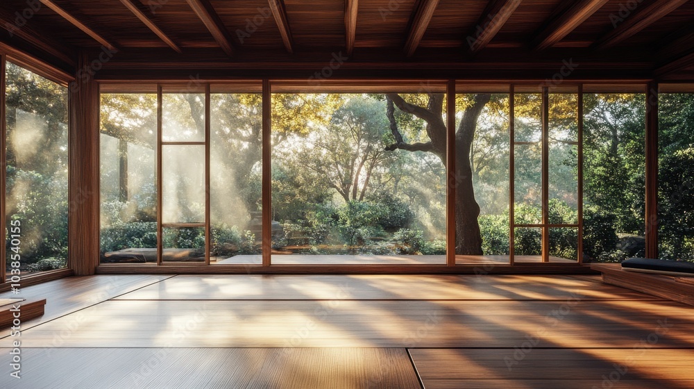 Traditional Japanese dojo with wooden floors and expansive windows, creating a tranquil and focused space for martial arts practice. Traditional Japanese dojo with wooden floors and expansive windows, creating a tranquil and focused space for martial arts practice.