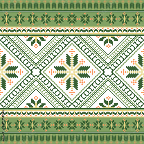 A traditional cross-stitch or woven pattern, predominantly green and white with hints of orange. It features symmetrical geometric designs, including diamonds star-like motifs, commonly found in folk