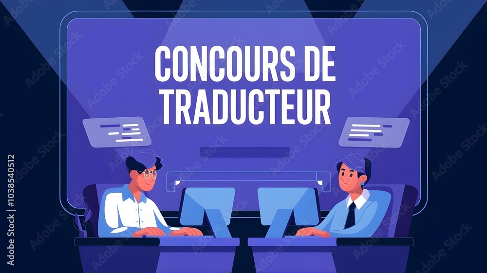 a translator's competition. There are two contestants at a podium, one is typing on a computer and the other is listening attentivly,a large screen displaying the text a translator's competition. There are two contestants at a podium, one is typing on a computer and the other is listening attentivly,a large screen displaying the text