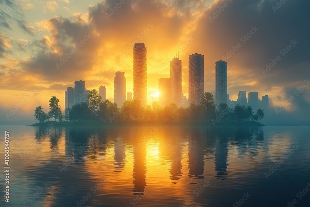 Serene sunset over a city skyline with reflections on calm waters in the early evening Serene sunset over a city skyline with reflections on calm waters in the early evening